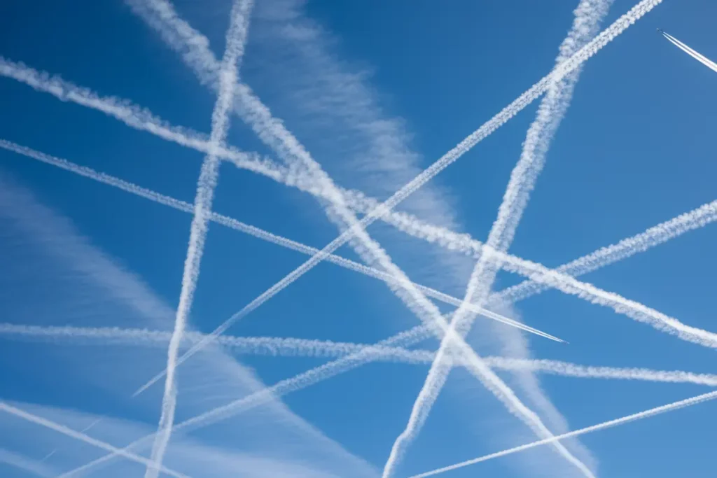 traces de condensation avion dans le ciel