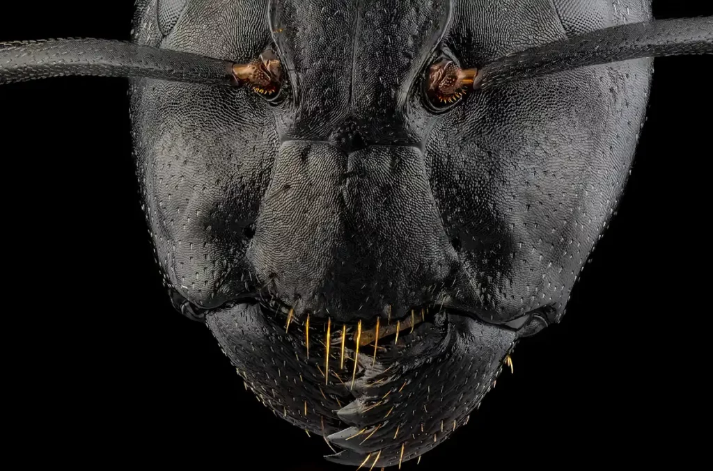 Une tête en microscopie d'une fourmi Camponotus vagus x5(c)Marc Chesneau